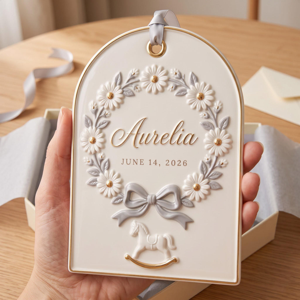 Nursery plaque displayed on a shelf
