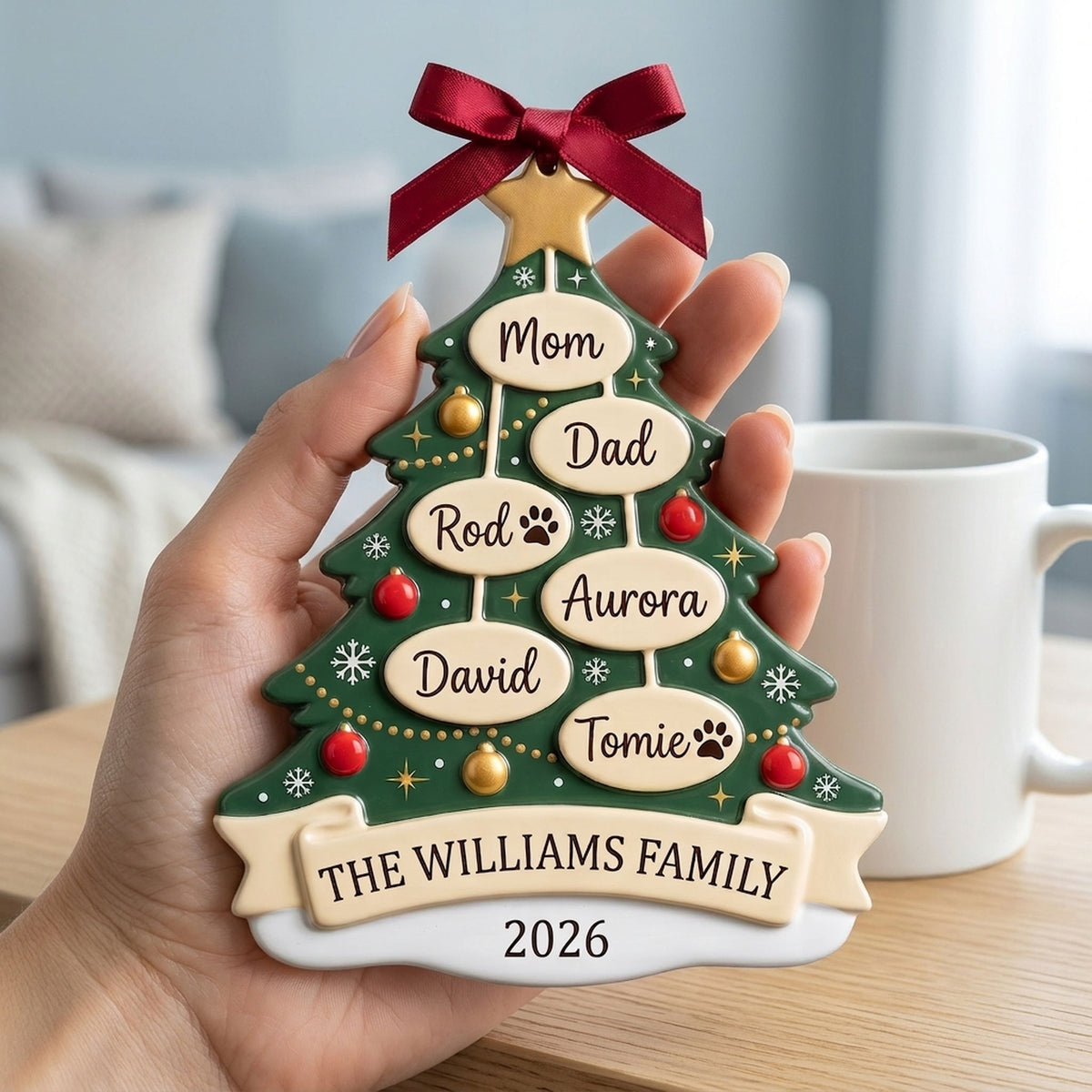 Family tree ornament hanging on a Christmas tree