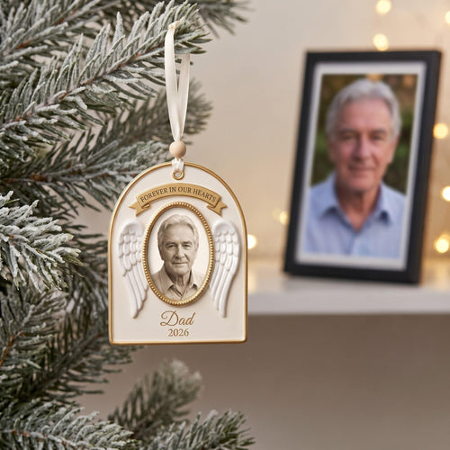 Memorial keepsake hanging on a Christmas tree