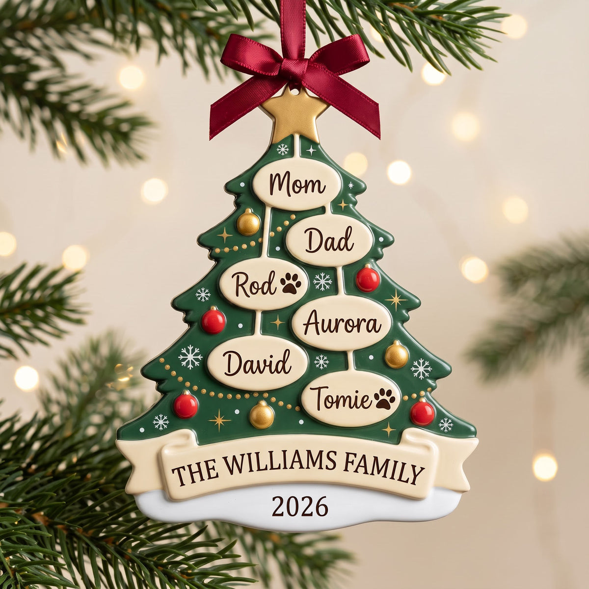 Personalized family tree ornament with six names