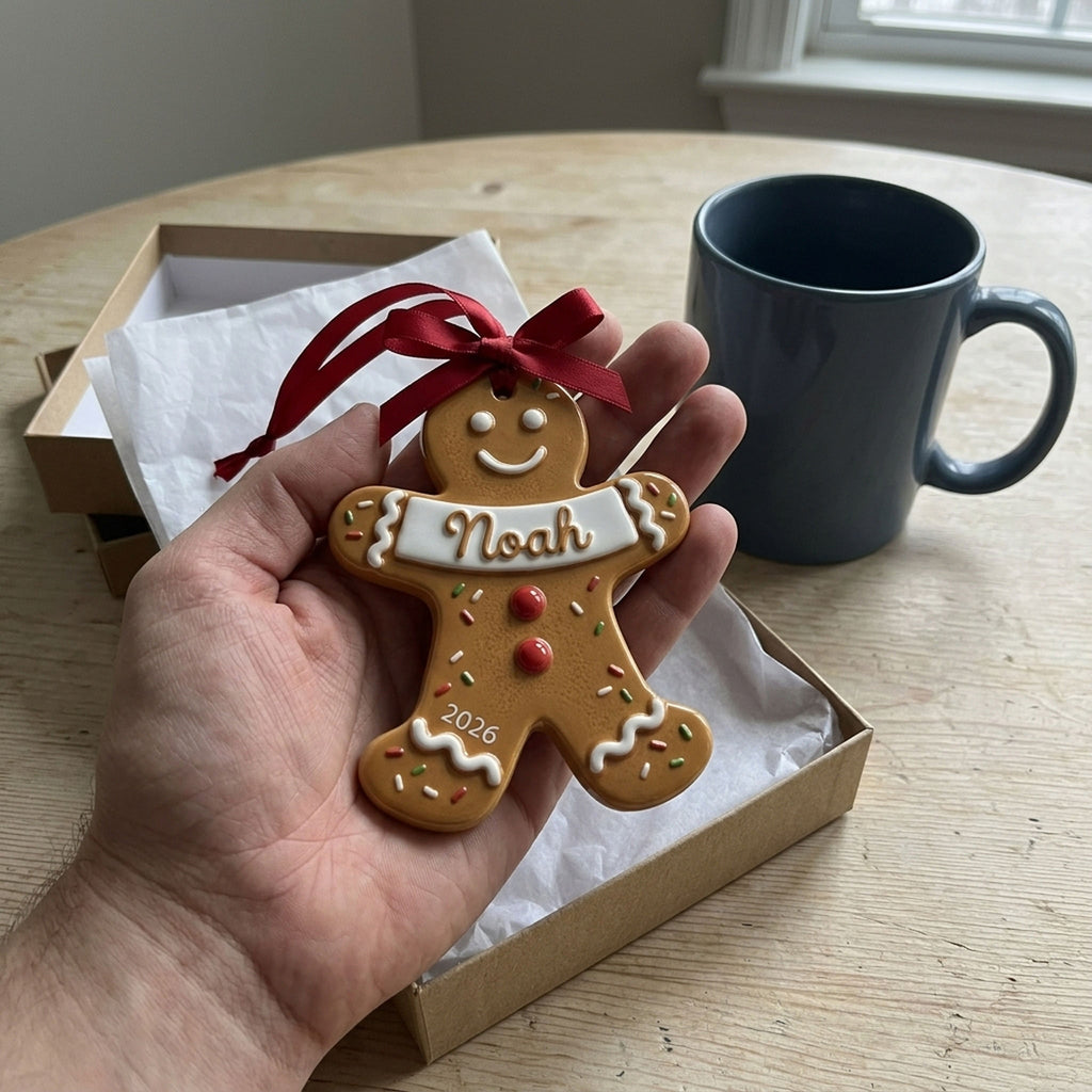 Close-up of raised icing detail on gingerbread ornament