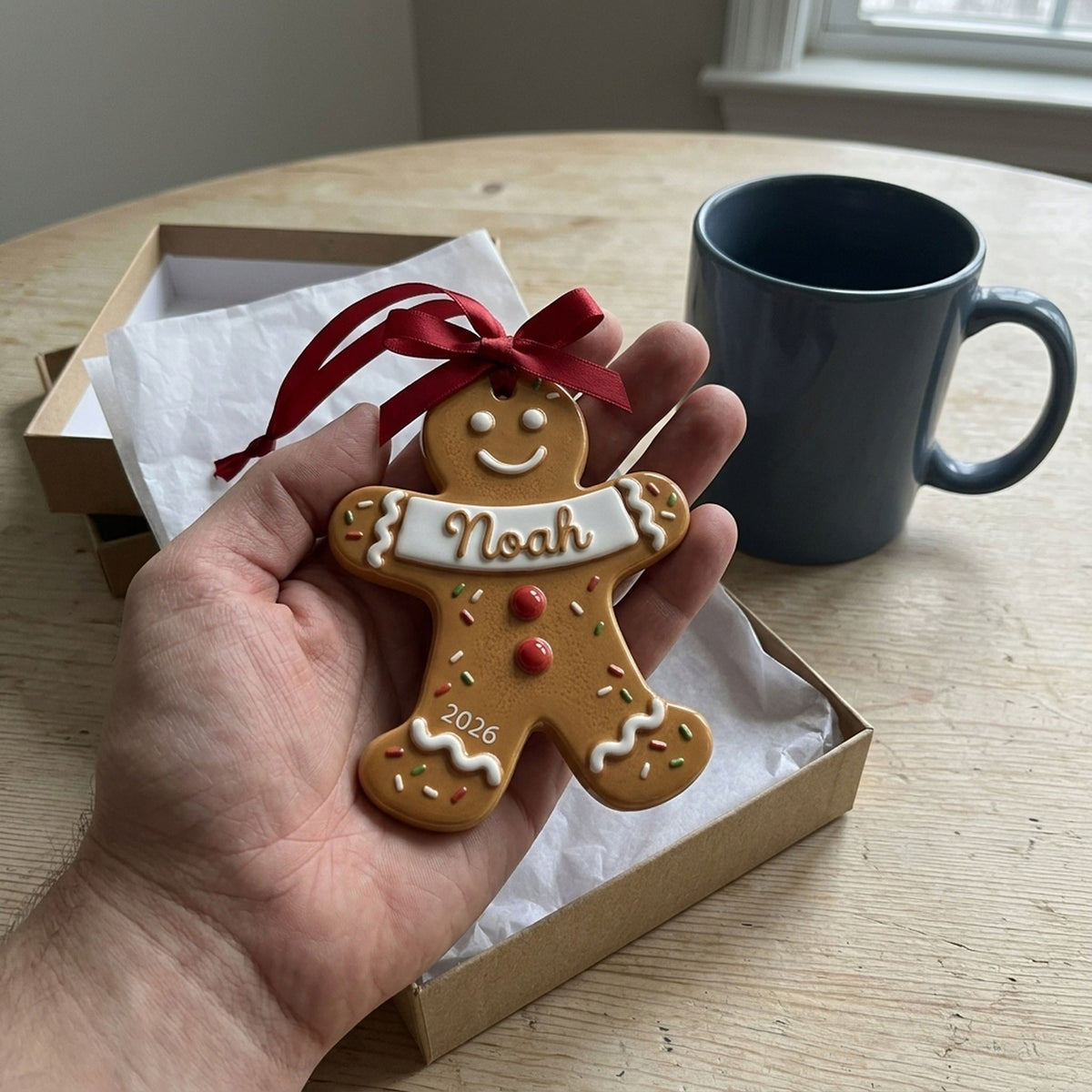 Close-up of raised icing detail on gingerbread ornament