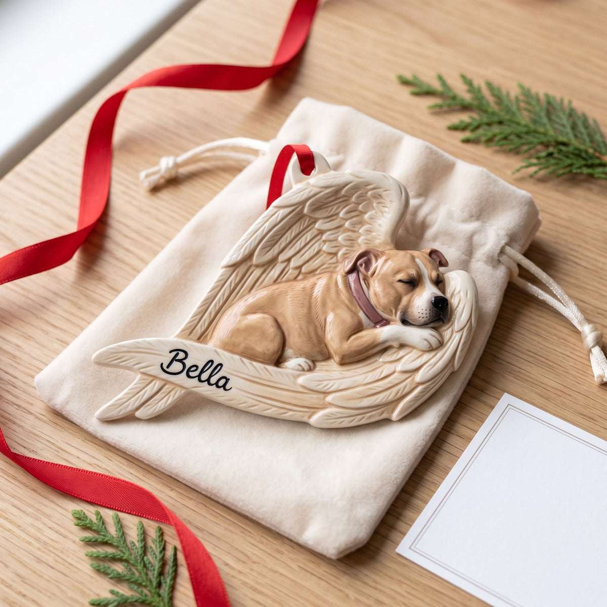 Pet portrait ornament hanging on a Christmas tree