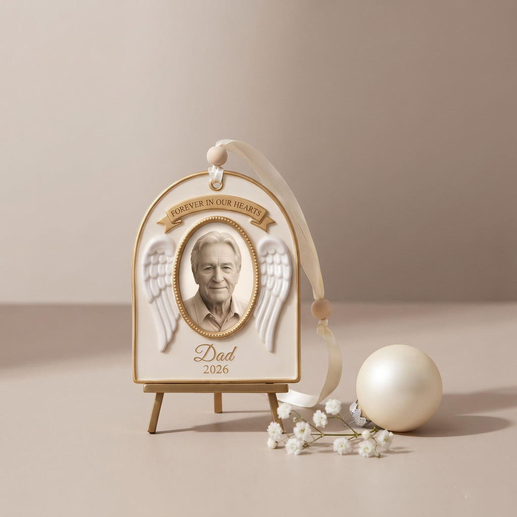 Remembrance ornament shown in hand for scale