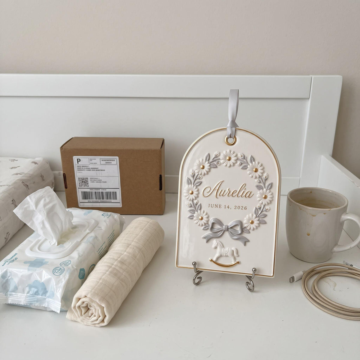 Baby keepsake plaque shown for scale