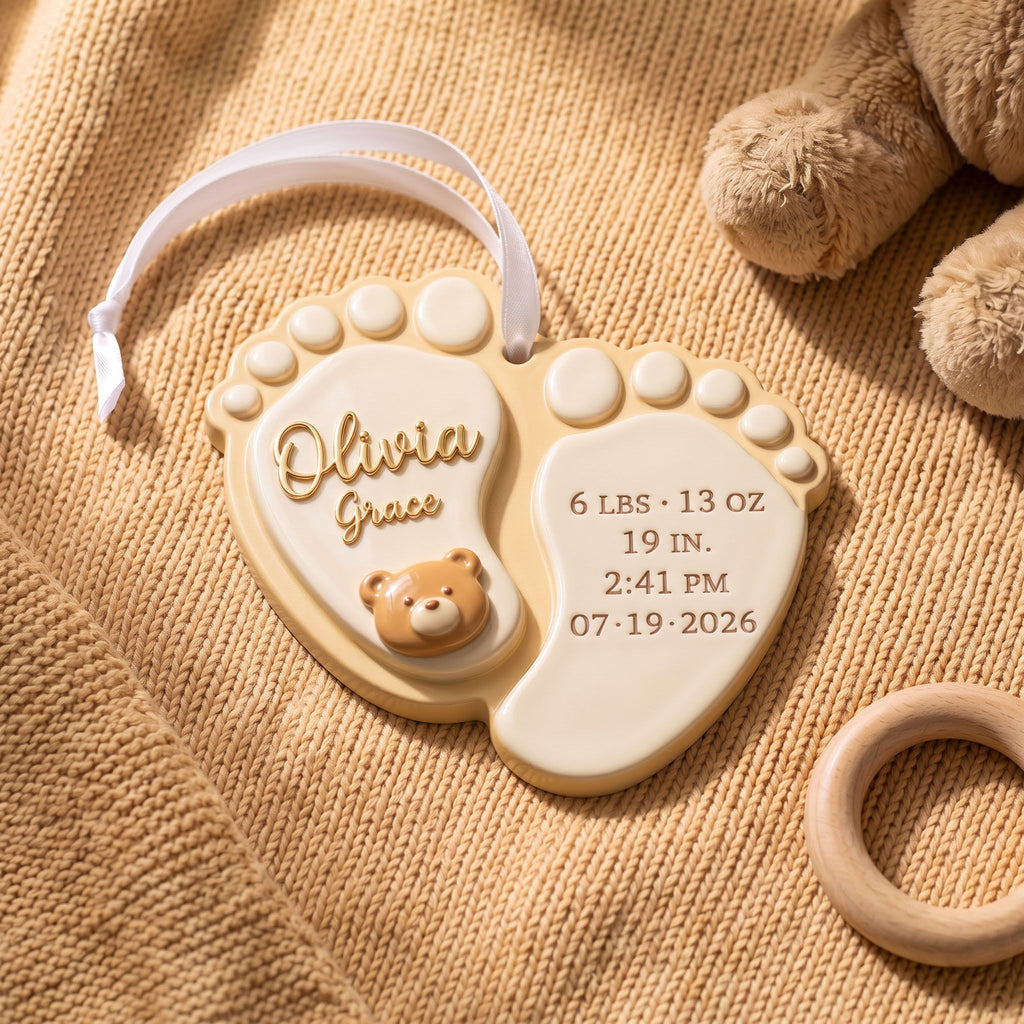 Baby keepsake ornament shown for scale