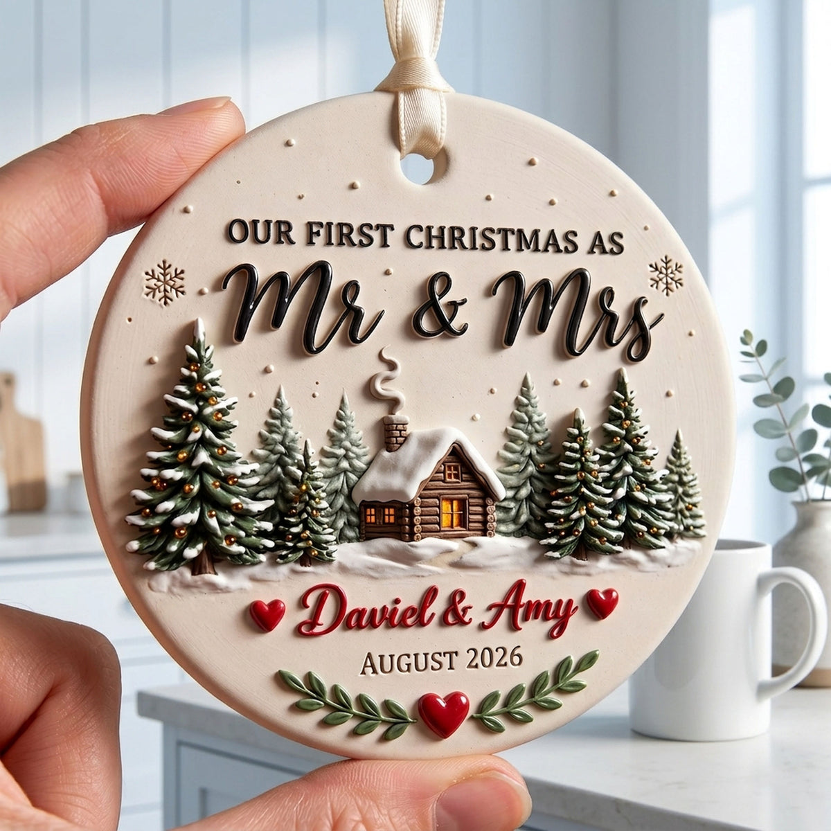Couple ornament hanging on a Christmas tree