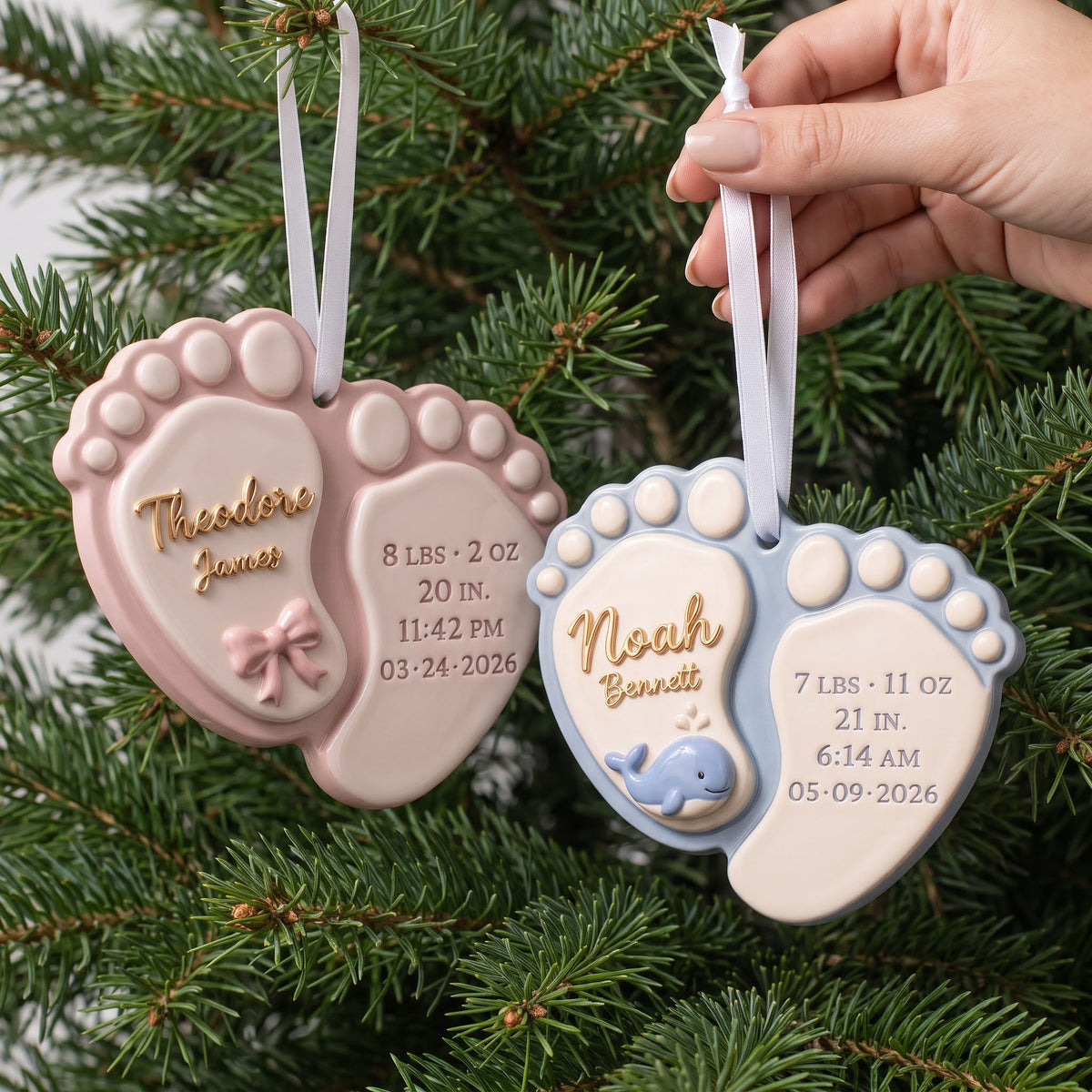 Personalized baby footprint birth stats ornament