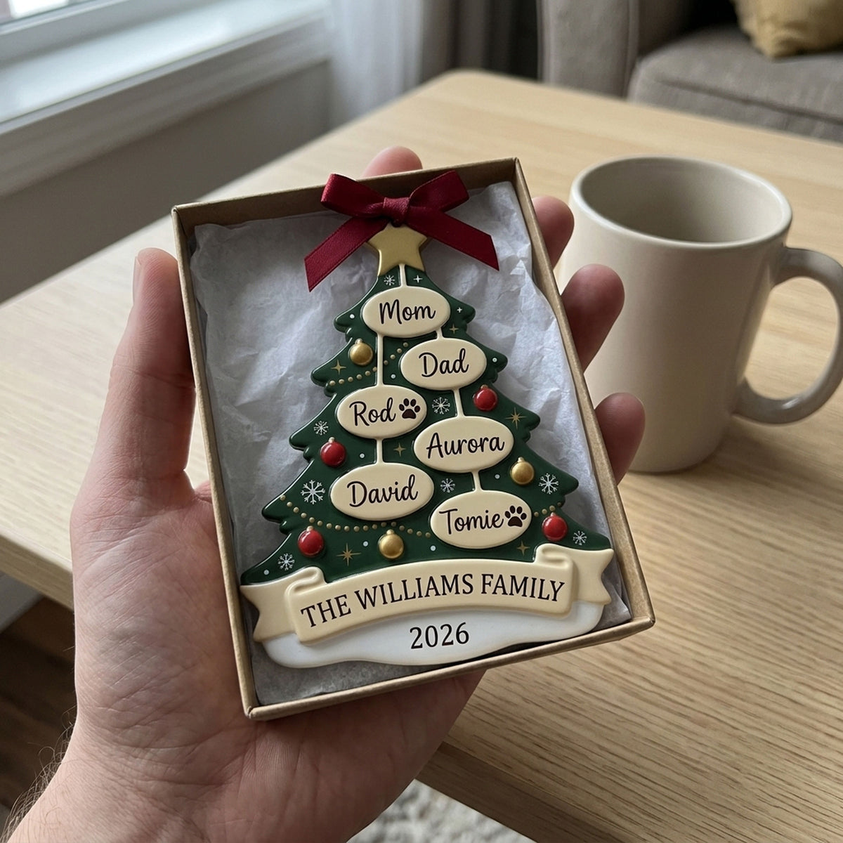 Family tree ornament shown in hand for scale